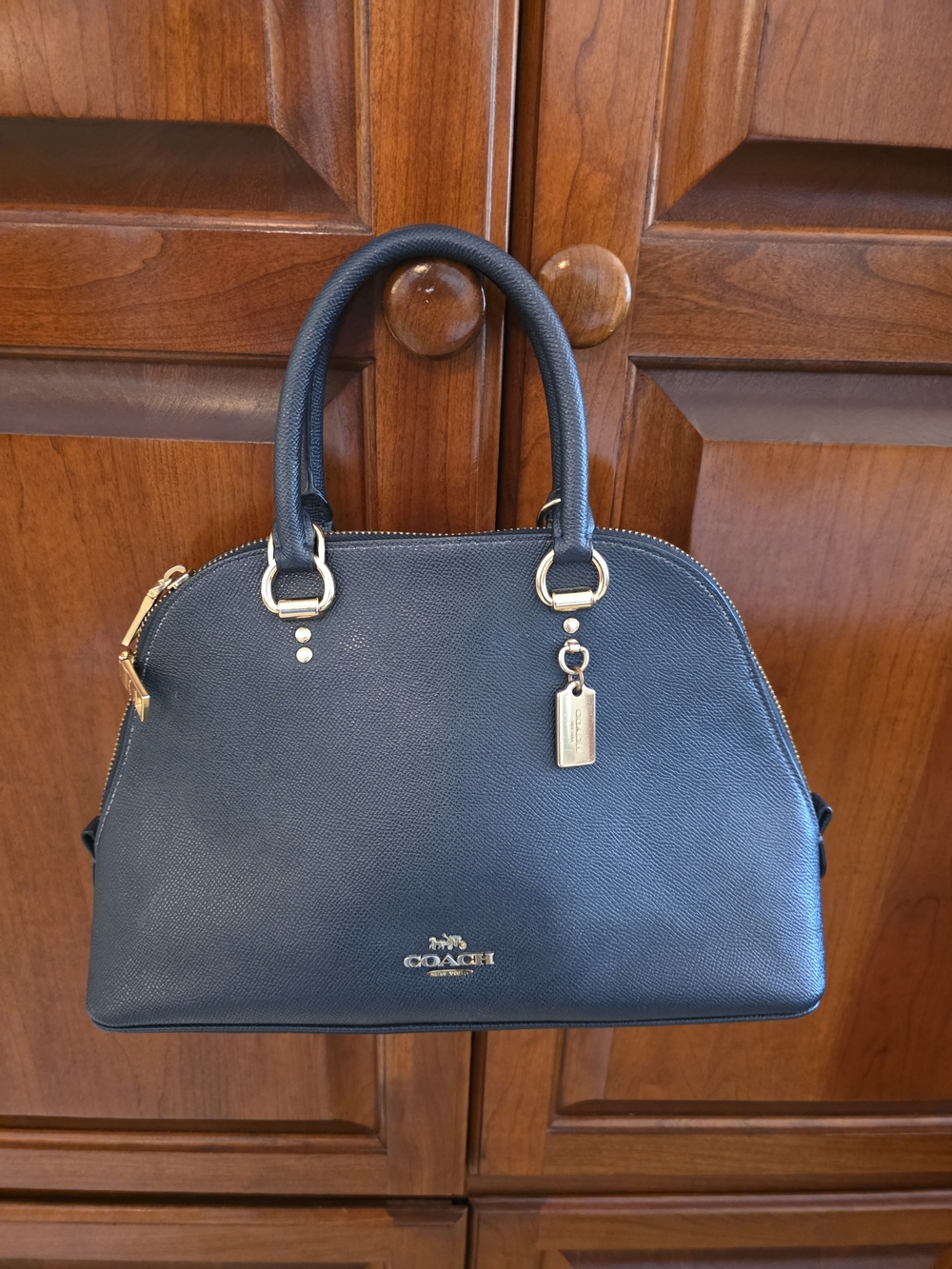 Coach Navy Blue Pebbled Leather Dome Satchel with Gold Hardware